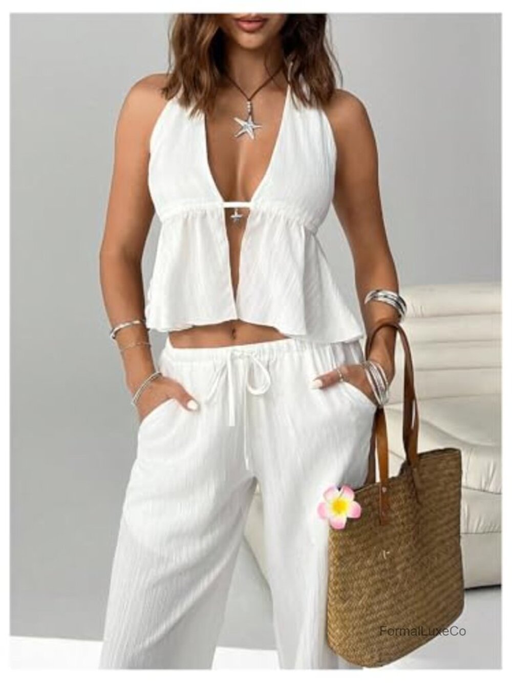 Women's 2 Piece Outfits Halter Tops Wide Leg Pants Sets Sleeveless Deep V Neck - Picture 4 of 5